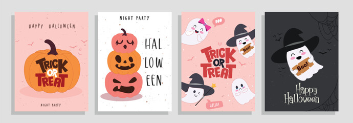 Halloween trick or treat vector poster set design. Trick or treat greeting text with pumpkins and ghost characters elements for horror party invitation card collection. Vector illustration holiday 