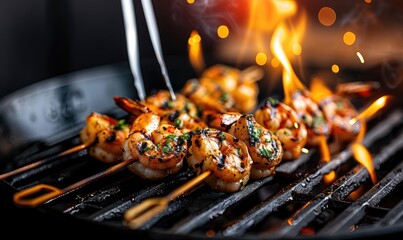 Succulent Shrimp Grilling Over Flames: A Close-Up BBQ Delight