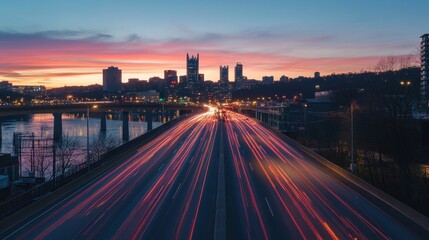 A vibrant cityscape at dusk with light trails from traffic and a colorful sky.