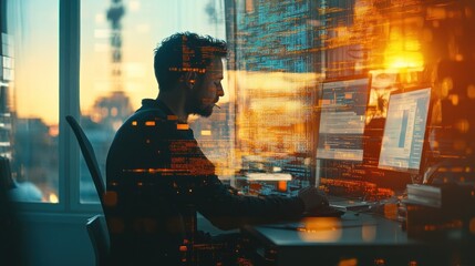 A person working on a computer with digital data overlays in a sunset-lit room.
