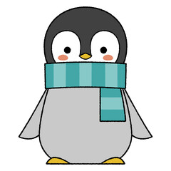 Clipart of cute baby Emperor penguin with blue striped scarf in flat cartoon style.