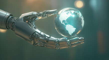 a robotic hand holding a holographic globe, technology and global connectivity concept