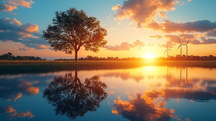 Obraz premium Serene Sunset Over Field with Wind Turbines and Reflection