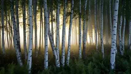 Naklejka premium Silver birch tree grove with soft morning light