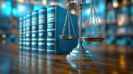 Classic Justice Scales with Legal Books in Library Setting