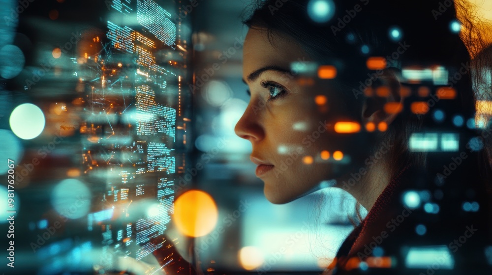 Poster a focused individual analyzing digital data on a screen, surrounded by visual effects.