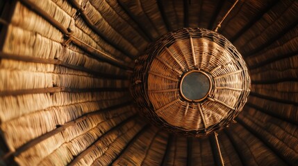 A close-up view of a woven basket structure, showcasing intricate craftsmanship and design.