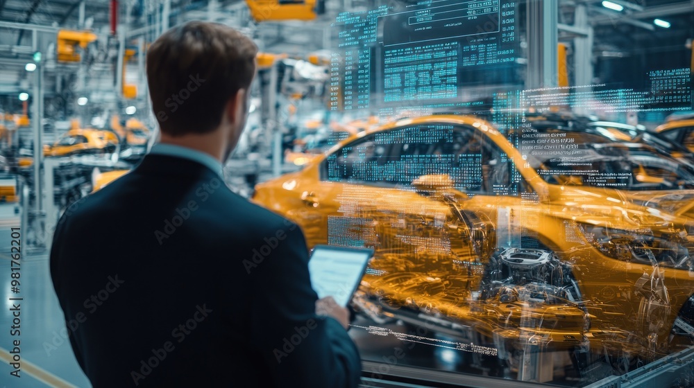 Wall mural A businessman analyzes data in a futuristic car manufacturing environment.