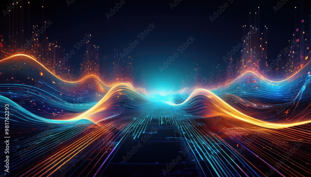 Poster surreal neon waves and flowing fractal patterns in a futuristic digital landscape