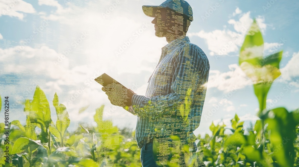 Poster a person using a device in a field, surrounded by crops under a bright sky.