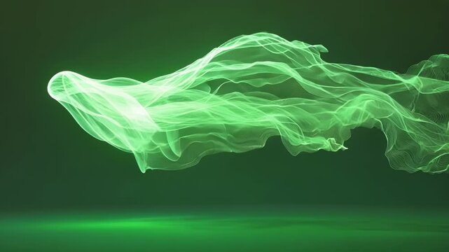 Abstract digital background showing a ghost shape made of green particles flowing and waving on a solid color background, ideal for chroma keying