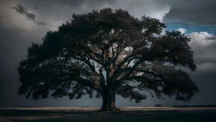 Mighty oak tree standing alone in an open field under storm clouds