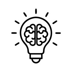 Brain inside lightbulb icon in black outline, creativity and intelligence concept