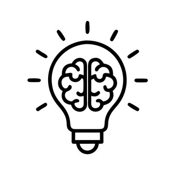 recommend clip art: Brain inside lightbulb icon in black outline, creativity and intelligence concept