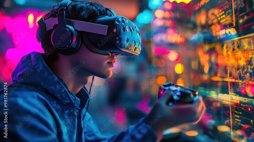 Aufkleber a person immersed in virtual reality, using a headset and controller in a vibrant setting.