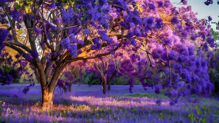 Naklejka premium Jacaranda tree in full bloom with purple flowers carpeting the ground