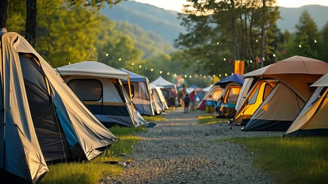 This Camping area filled with vibrant tents, glowing string lights, and people enjoying the evening.