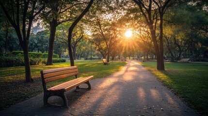 A serene park scene at sunset, showcasing a peaceful pathway and benches.