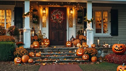The front porch radiates warm light from pumpkins and festive decorations, creating a cozy atmosphere for Halloween celebrations during the fall season.