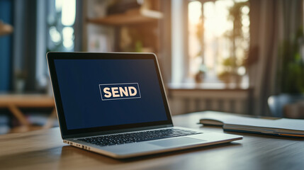 word "SEND" display on laptop screen on the table in modern office, concept of digital money transfer or sending online data information 