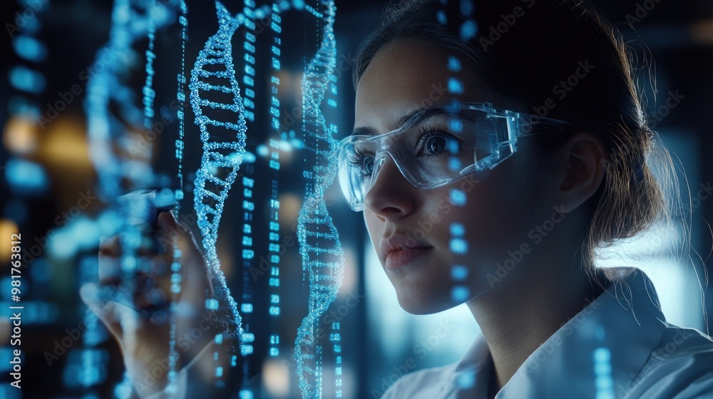 Poster a scientist analyzing digital dna strands in a high-tech lab environment.