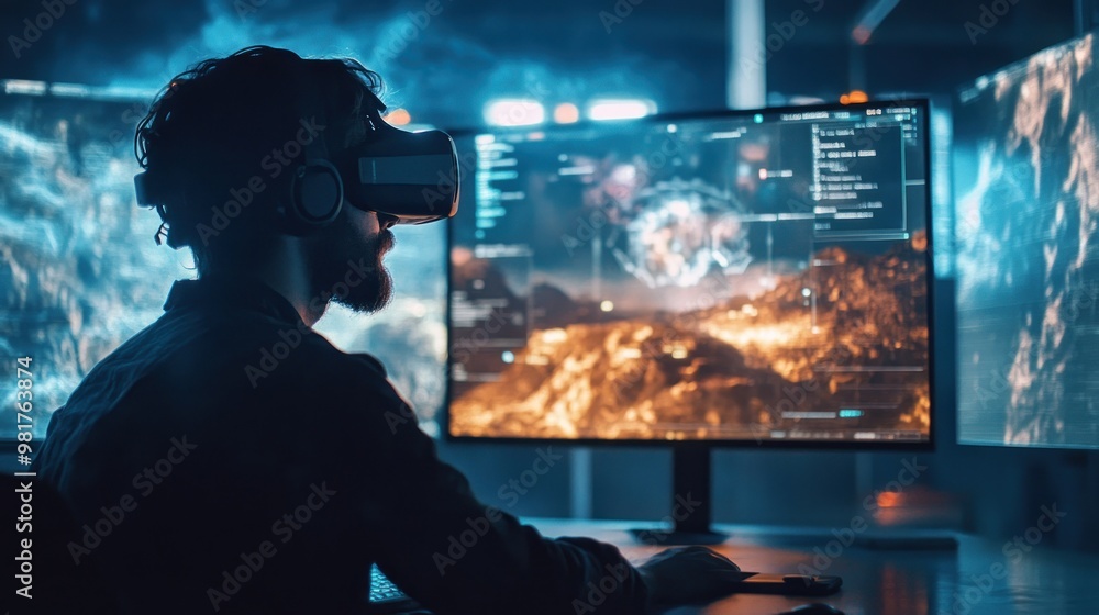 Poster A person using virtual reality technology with multiple screens displaying digital landscapes.
