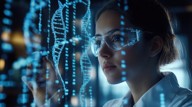 A scientist analyzing digital DNA strands in a high-tech lab environment.