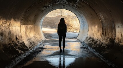 Fototapeta premium A silhouette of a person standing in a tunnel, illuminated by light at the end.