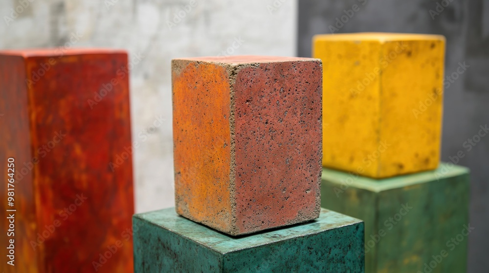 Poster a minimalist concrete display pedestal supports colorful blocks in a modern art setting, emphasizing