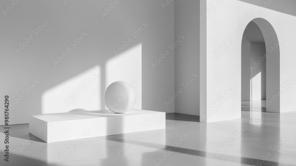 Poster a serene space showcases a smooth circular object resting on a pedestal, with gentle shadows casting