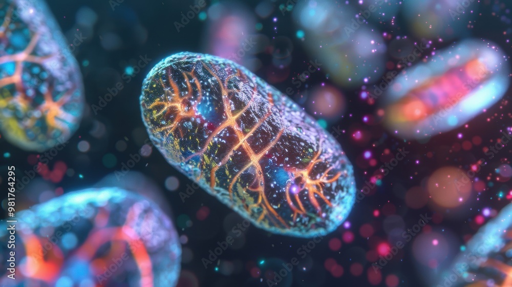 Aufkleber mitochondria cells are magnified under a microscope, showcasing their unique structures and dynamic 