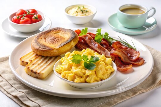 A beautifully styled breakfast plate with crispy bacon, scrambled eggs, and toasted brioche, set against a clean white background and paired with a elegantly typeset menu description.