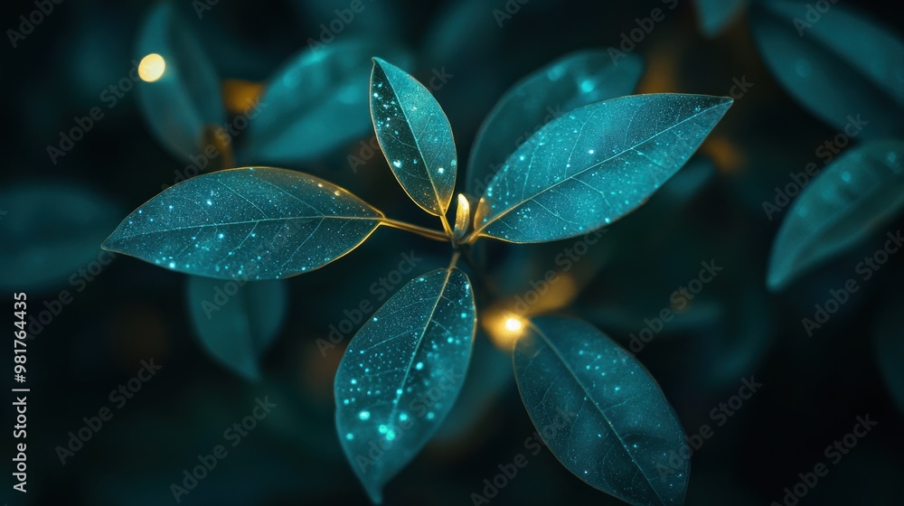 Poster close-up of luminous leaves with a mystical glow and sparkling details.