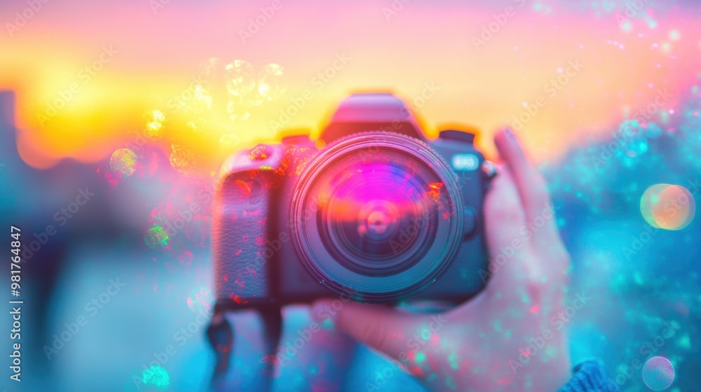 Poster a hand grips a professional camera as colorful bokeh lights enhance the sunset backdrop, creating a 