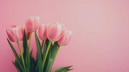 A cluster of delicate pink tulips stands beautifully against a soft pink backdrop, embodying the essence of spring and tranquility