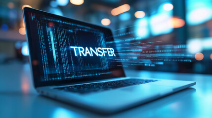 word "TRANSFER" display on laptop screen with a digital transaction background on the table in modern office, concept of digital data transfer