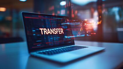 word "TRANSFER" display on laptop screen with a digital transaction background on the table in modern office, concept of digital data transfer