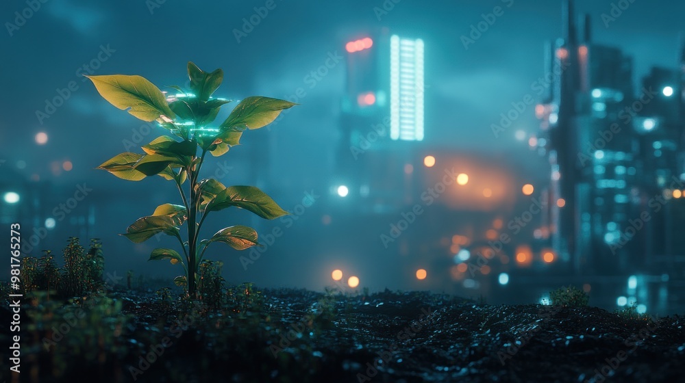 Poster A solitary plant thrives in a futuristic cityscape, symbolizing hope and resilience.