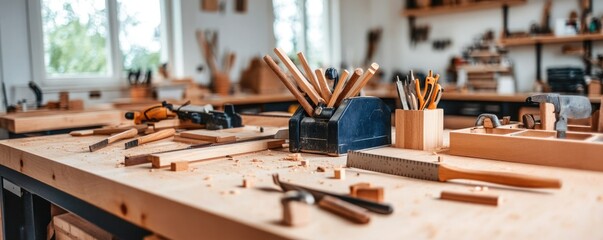A detailed view of a woodworking workshop filled with tools and sawdust, showcasing the art of craftsmanship and creativity.