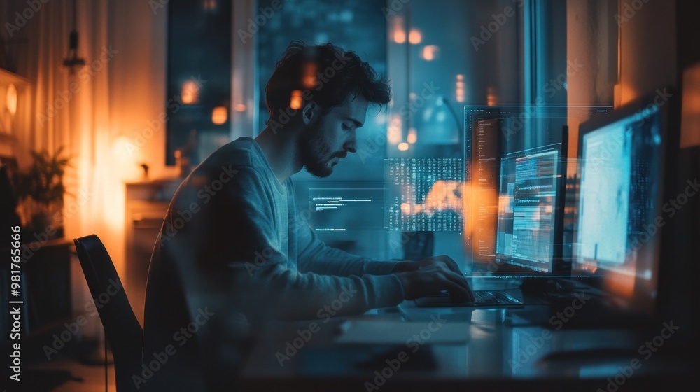 Poster a focused individual working at a computer, illuminated by ambient light and screens.
