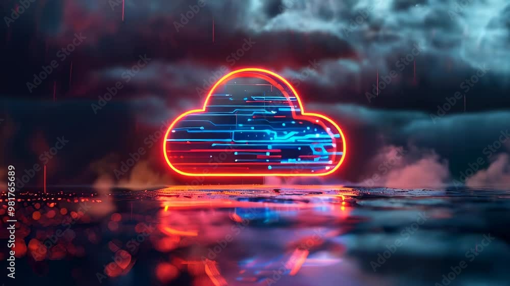Poster a neon cloud icon with digital circuitry illuminated against a stormy sky, symbolizing cloud computi