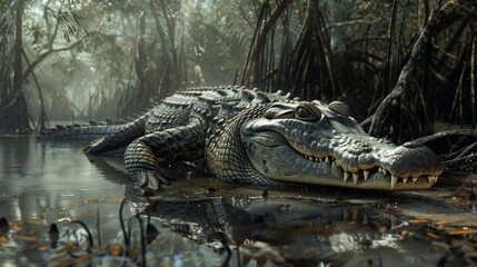 Fototapeta premium Alligator Lurking in Mysterious Swamp with Misty Atmosphere