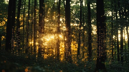 Obraz premium A serene forest scene with sunlight filtering through trees and ethereal text elements.