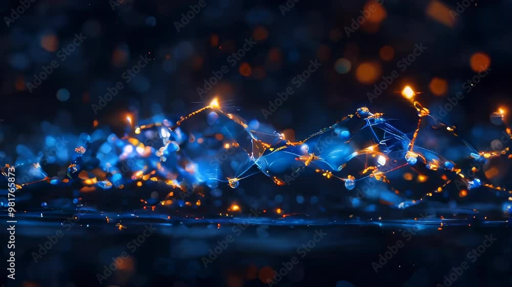Poster abstract representation of a glowing molecular structure with blue and orange bokeh lights, symboliz