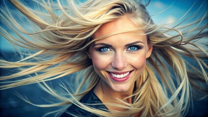 Fototapeta premium A bright and cheerful grin illuminated her face, with piercing blue eyes gazing out from beneath fluttering eyelashes.