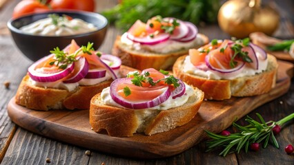 Smoked salmon p&acirc;t&eacute; spread on toasted baguette slices, topped with a dollop of cr&egrave;me fra&icirc;che and thinly sliced red onion, showcasing the fish's rich and savory flavor when cured and smoked.
