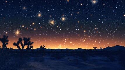 Starry Night Sky Over Desert Landscape with Silhouetted Joshua Trees