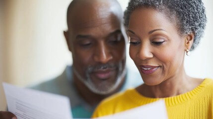A couple reviews documents closely, sharing thoughts and smiles as they discuss important matters in their cozy home