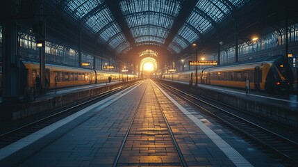 Empty Train Platform with Sunset Shining Through Glass Roof