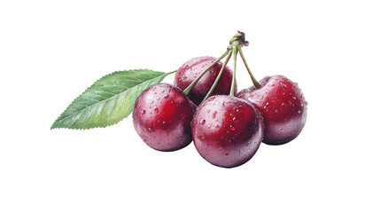 Obraz premium Close-up of fresh, juicy cherries with vibrant red color and water droplets, featuring a green leaf, isolated on a white background.